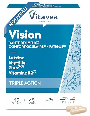 Vitavea Bien-être - Complément Alimentaire Vision - Confort, Santé Des Yeux, Fatigue Oculaire - Lutéine, Myrtille, Vitamine B2, Zinc - 45 Comprimés - Cure De 45 Jours - Fabriqué En France