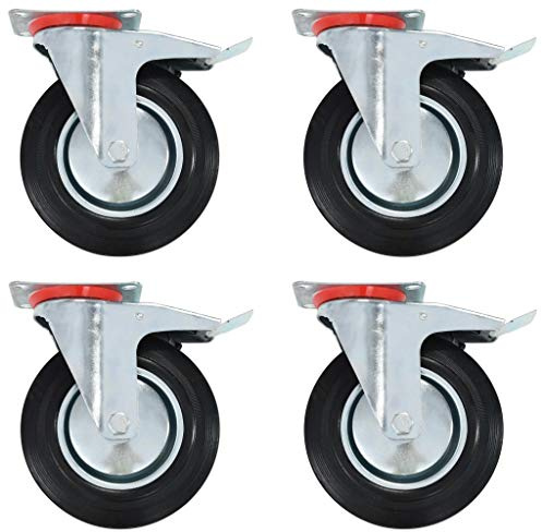 Mangloder styrhjul med dubbla bromsar 4 stycken, 200 mm diameter, gummi, rostfri zinram, kan belastas upp till 180 kg, lämpliga för transportutrustning, verkstad, lager, möbler, rullbana