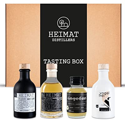HEIMAT Gin Tasting Set Box (4 x 50ml) Probierset Mini-Dry-G in, Barrel Aged, Vogelfrei (alkoholfrei) & Ingefaer Ingwer-Schnaps - Geschenkset mit exklusivem Home-Tasting-Video