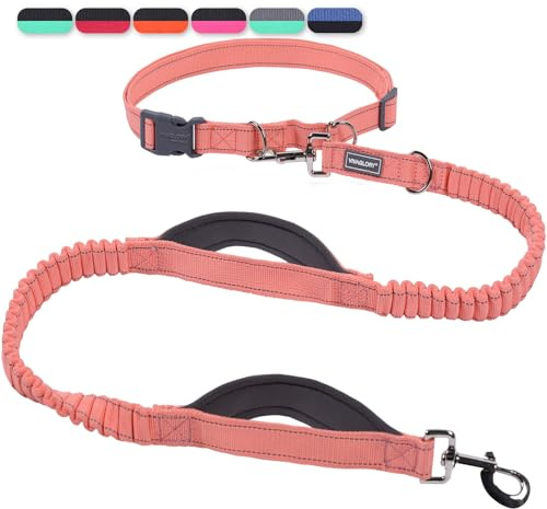 VIVAGLORY Hands Free Dog Leash Bungeetwin Running Dog Leash with Waist Belt for Running Walking & Jogging, Bungee & Around Waist for Pet, S, Pink/Grey