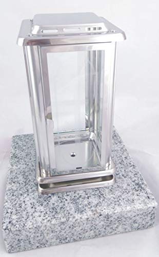 designgrab Lampada tombale Royal in acciaio inox con base in granito in bianco viscont con croce su porta della lampada, bicchieri in vetro trasparente