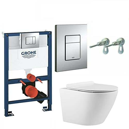 Grohe 0.82m Concealed Cistern 38773000 Wc Frame with Compact Rimless Wall Hung Toilet Pan
