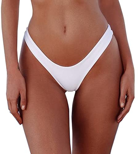 SherryDC Women's Sexy Cheeky Thong Brazilian Cut Low Rise High Leg Bikini Bottom White