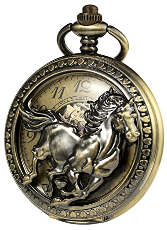 TREEWETO Antique Mechanical Bronze Pocket Watches for Men 3D Horse Pattern Pocket Watch with Chain Skeleton Dial Arabic Numberals
