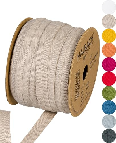 Halbach Sidenband bomullsband 10 mm x 30 m, band för pyssel som metervara, tygband för dekorationer, vävband 100% bomull för gör-det-själv-hantverk, snedband för sömnad, färg: lina, 24500 | Vävband av 100 % bomull, metervara för pyssel, dekoration och sömnad