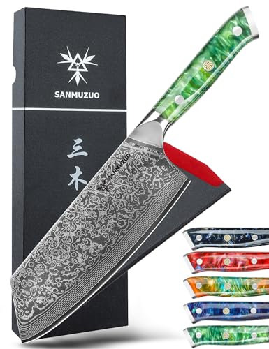 SANMUZUO Damas Couteau Nakiri avec Lame 19 cm Professionnel Couteaux de Cuisine en VG-10 67 Couche Damas Acier avec Poignée en Résine(Vert Jade) - Xuan Série