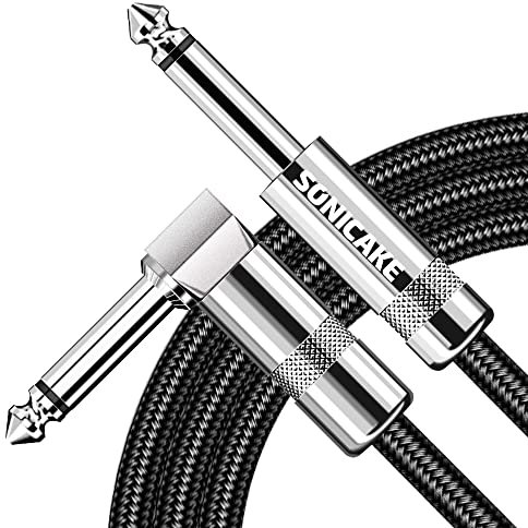 SONICAKE Braided Guitar Cable 3m/10ft Guitar Instrument Cable 6.35mm 1/4 Right Angle to Straight Black