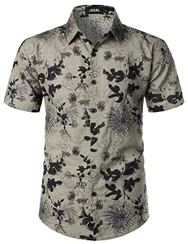 JOGAL Men's Hawaiian Shirt Short Sleeve Button Down Shirt GreyDaisy S