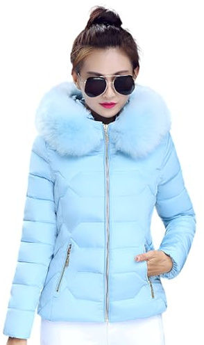 ANUFER Donna Moda Piumino Trapuntato vestibilità Slim Inverno Cappotto Corto con Cappuccio in Pelliccia Sintetica