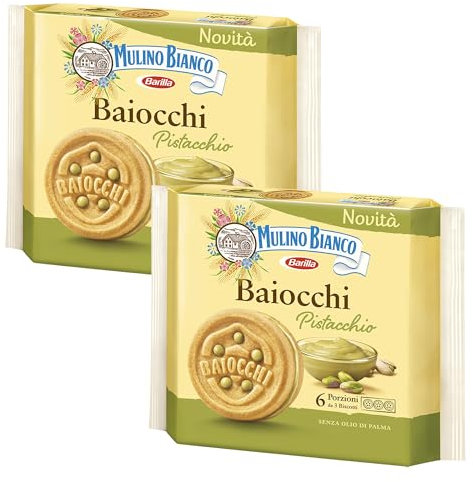 Mulino Bianco Baiocchi Pistacchio 168g Italian Biscoti Cookies | Soft Shortbread Pastries Biscuits | GMO & Palm Oil Free | Icon of Taste and Goodness (Pistacchio 168g, 2 Pack)