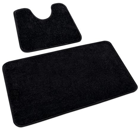 Rururug Badezimmerteppich Set 2 Teilig, Weiche Mikrofaser Badezimmermatte und wc Vorleger mit Ausschnitt, rutschfeste Badematte Schwarz Badteppich, Waschbar Badvorleger Set, 50x80+50x40 cm