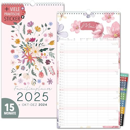Familienkalender 2025 5 Spalten GARTENLIEBE Familienplaner 2025 und Okt-Dez 2024 Wandkalender 23 x 43cm Planer für Familie 2025 Wandplaner STICKER Recycling Urlaub, Pflanzkalender Blumen Flower Garten