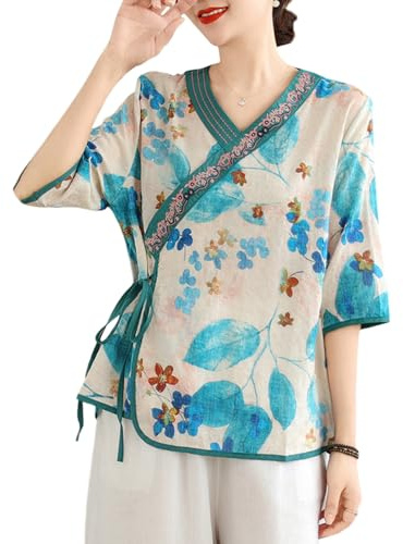 YM YOUMU Vestido tradicional chino para mujer, blusa de verano, mangas a medias, cuello en V, de algodón y lino, estilo étnico Qipao