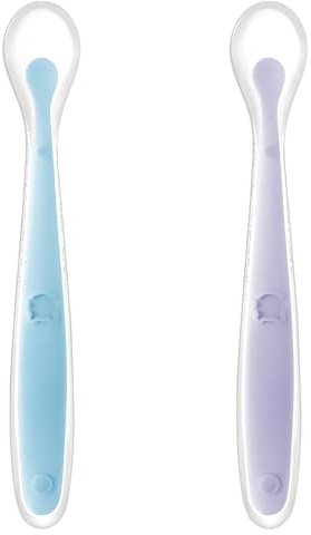 Cuchara silicona bebé| Alimentación de Entrenamiento para Niños, Niñas, Cuchara bebe aprendizaje, Paquete de 2 | Etapa de Primeros Alimentos Adecuada para Encías(Conjunto azul + morado)