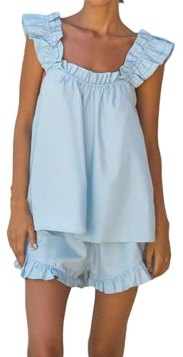 Dam nattkläder pyjamas set kostym toppar och byxor dam 2 shorts set volang rem linne elastisk midja breda ben shorts pyjamasset dam morgonrock set