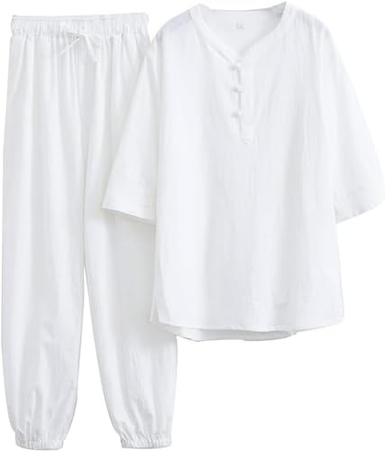 WHESAZYP Tai Chi Anzüge Tai Chi Kleidung Damen Kung Fu Uniform Baumwollleinen Kampfsport Set Kurzarmhose Zen Meditationsuniform Tang Anzug Traditionelle chinesische Kleidung (Weiß L)