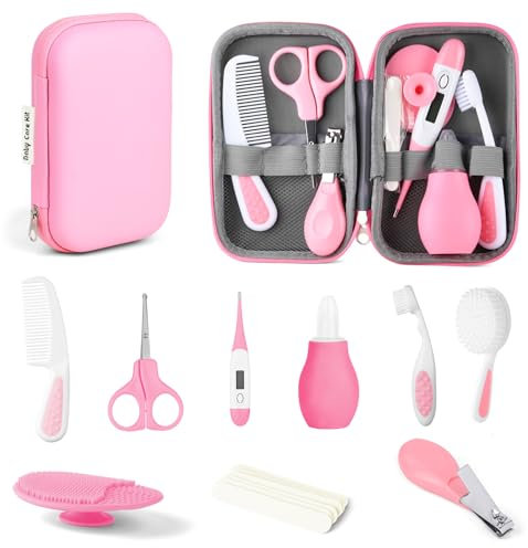 HAGOT Baby Healthcare and Grooming Kit, Newborn Baby Care Accessories with Hair Brush, Comb, Nail Clippers, Thermometer, for Newborn Girls Boys(14 in 1, Pink)