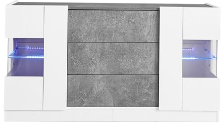 Elegante credenza con 2 ante e 3 cassetti - Frontali bianchi lucidi e effetto marmo grigio, illuminazione a LED a 16 colori, 140 x 35 x 75 cm