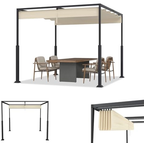 ACXIN Pergola con tetto apribile, tetto in acciaio, impermeabile, 160 g, in poliestere rivestito in PA, gazebo da giardino autoportante con protezione solare regolabile (beige, 3 x 3 m)