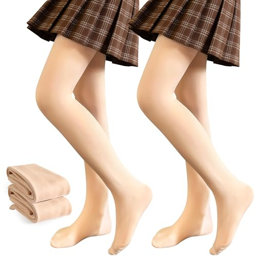 JinBei Collants Thermique Fille, Collant Opaques Chaud Polaire Extensible Taille Haute Enfant Leggings avec Pieds Doux Confortable Lot de 2 Couleur Chair pour Ballet Sport École, 6-8 ans