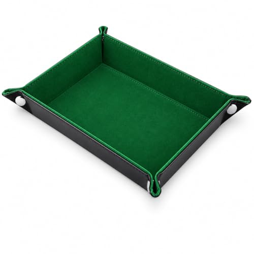 Dice Tray, Folding Snap-Corner Design with Green Velvet Lining | PU leather exterior, for RPG tabletop sessions and travel, raised sides, quieter rolls, flat-pack storagev