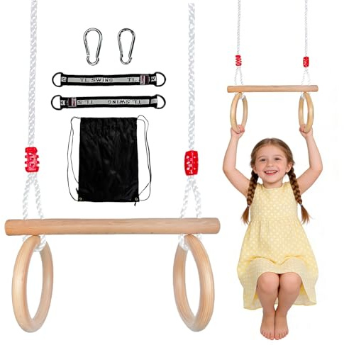 Columpio Trapecio de Madera, MultifuncióN Columpio Jardin Exterior con Anillas Gimnasia 2 en 1 Columpios Exterior Capacidad MáXima de Carga 100 kg Longitud de Cuerda Ajustable