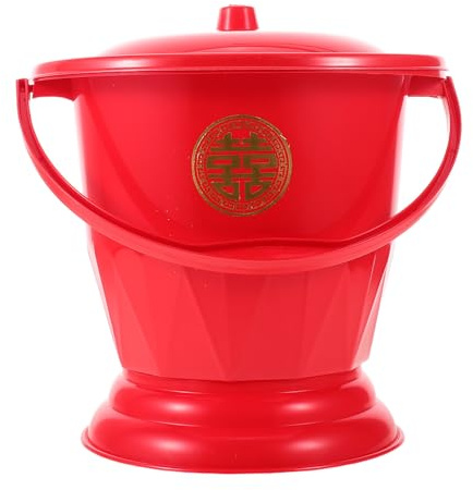 WEKAMOS Orinal Portátil Rojo para Adultos con Tapa y Asa, Bacinilla de Plástico Compacta para Bodas y Uso Nocturno, Cubo de Inodoro Festivo para Cuidado Personal y Hospitalario