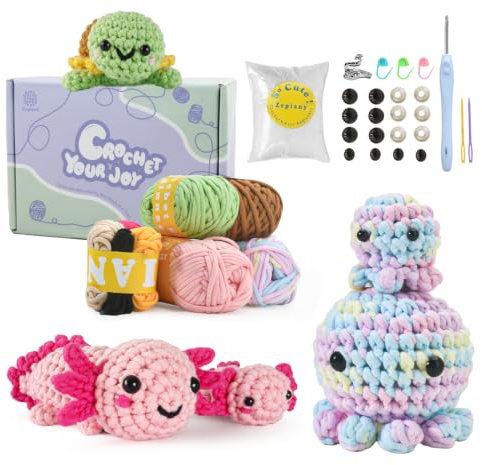 Zummipals Crochet Kit for Beginners, Crochet Kit with 40% Extra Yarn, Easy Crochet Kits for Adults, Beginner Crochet Kit with Step-by-Step Video Tutorials Turtle Axolotl Octopus, Ideal Crochet Gifts