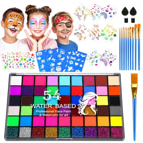 Juego de maquillaje infantil de 54 colores a base de agua, juego de pintura facial y bodypainting con 11 pinceles, 16 plantillas y pegatinas de joyas para Halloween, carnaval, cosplay, niños y adultos