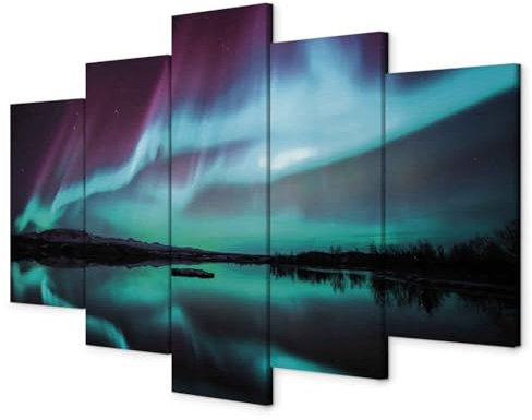 murando - Wandbilder XXL Polarlicht 200x100 cm 5 tlg - Wand Deko Leinwand Bilder Groß Bilderset Wohnzimmer BIld Schlafzimmer Kunstdrucke - Nordlicht Island Nacht Aurora Nachtlandschaft c-B-0290-b-n