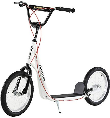 HOMCOM Patinete para Niños +5 Años, Patinete Infantil de 2 Ruedas, con Manillar Ajustable en Altura, 2 Neumáticos de Caucho Inflable, Doble Freno, Carga 100 kg, 139x58x90-96 cm, Blanco