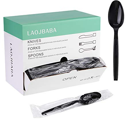 Laojbaba Plastic Spoons Disposable Individually Packaged Spoons Black 7-Inch Commercial Take Away,Super Hard Mass Heavy Individually Wrapped 100 PCS