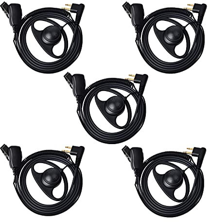 UAYESOK Walkie Talkie Earpiece Police Security D-Shape Headset with PTT Mic Microphone for 2 Pin Motorola CP040 DP1400 GP68 GP88 GP300 CT150 Yaesu FT-4XR HYT Hyera Midland 2 Way Radio (5 Pcs)