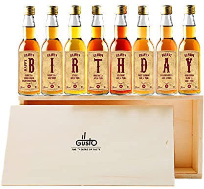IL GUSTO Premium Birthday Brandy Gift Set – 8 Miniature 40ml Bottles (40% ABV) in Wooden Box | Cognac, Armagnac, Calvados & World Flavours | Luxury Brandy Tasting Sampler for Men & Women