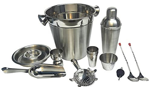 Kosma Set di 15 shaker per cocktail in acciaio inox,shaker per cocktail, secchiello per champagne, posacenere, paletta per ghiaccio, colino da bar, jigger, 4 bicchieri da colpo e 2 ciotole per snack