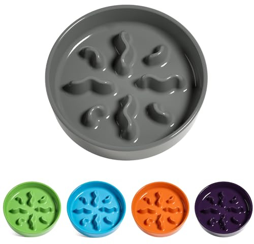 Ceramic Slow Feeder Dog Bowls Small Breed, 0.5 Cups Dog Food Dish for Fast Eaters, Puzzle Bowl for Small Dogs and Cats, 5.5 Inch-Grey