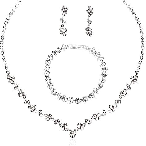 AWAVM Brautschmuck-Set für Hochzeit, Abschlussball, Kostüm, Schmuck-Set mit Strass-Kristallen, Choker, Halskette, Armband, baumelnde Ohrringe, Set für Braut, Damen und Mädchen, Metall