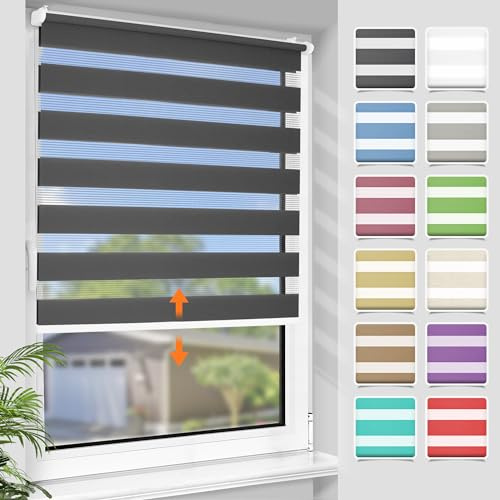 SBARTAR Doppelrollo schnurlos Klemmfix Rollos für Fenster ohne Bohren & zum Bohren, Anthrazit B40 x H150 cm (Stoffbreite 40 cm), Drücken Und Ziehen Springrollos, Lichtdurchlässig Aber Blickdicht
