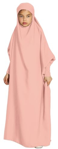 IWEMEK One Piece Full Length Jilbab Prayer Abaya for Girls Muslim Dress Satin Hooded Kaftan Hijab Batwing Long Sleeve Loose Fit Full Length Middle Eastern Islamic Arabic Robe Pink 8-9 Years