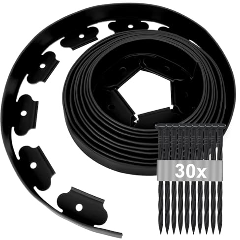 Borduras para Jardino Flexible de Plástico 10m × 5cm, Bordes para Jardin con 30 Clavijas, Separadores de Jardin para Cesped, Borde Jardin Exterior para Tierra, Bordura Jardin Césped Borde (Negro)