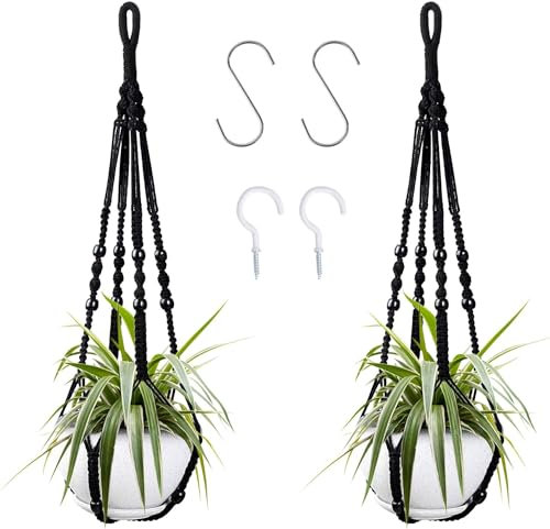 NEW-YIJUNSHUN Lot de 2 pots de fleurs suspendus en macramé pour intérieur/extérieur avec 4 crochets de suspension (Noir)