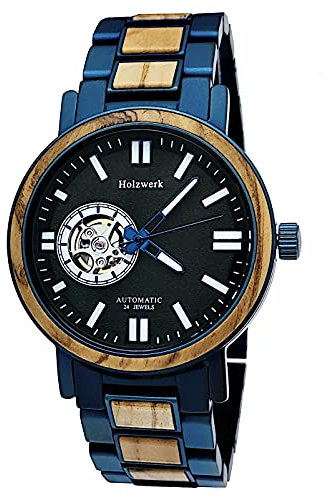 Holzwerk Germany Handgefertigte Automatik Herren-Uhr Öko Natur Holz-Uhr Holz Armband-Uhr Braun Schwarz Blau (HW.Blau-Automatik.)