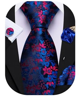 Barry.Wang Floral Tie with Flower Lapel Pin for Men Silk Necktie Pocket Square Cufflinks Set Formal Wedding Party Business
