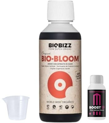 GROWMANIA Bio Bloom von BioBizz 250 ml + Probe Boost Up von Up Nutrients + Messbecher | Biobloom organischer Dünger für Blüte | Für kleine Töpfe und frühe Kulturen