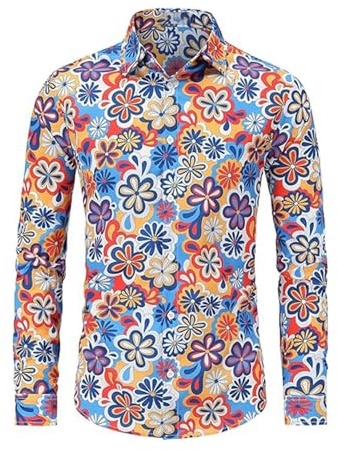 YOSUWOAI Chemise de fête pour homme - Style hippie floral - Style années 60 - Costume de carnaval - Coupe ajustée - Chemise à manches longues - Tenue festive - Chemise à thème rétro boutonnée, O bleu