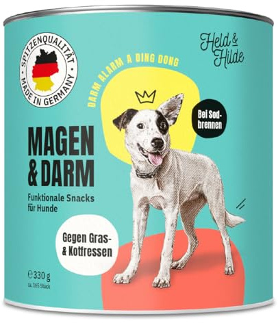 Spuntino erba/fecione per cani per aiutare la digestione e gli stomaci sensibili, gusci di semi di psillio, lievito di birra, inulina, corteccia d'olmo, proteine degli insetti, prodotto in Germania