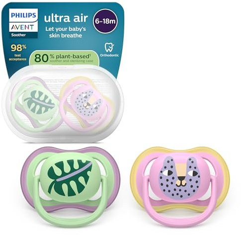 Philips Avent Sucettes ultra air - Tétines orthodontiques, pour bébés de 6 à 18 mois, en silicone souple d'origine végétale, sans BPA, avec étui de stérilisation, lot de 2, SCF087/13