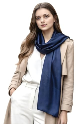 LA FERANI Sciarpa in seta da donna, 100% seta, foulard sciarpa tinta unita, colore bianco, nero, 180 x 90 cm, tinta unita, per completo occasioni formali, stola stile aziendale, regalo per lei, Blu
