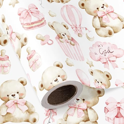 RUSPEPA Rollo De Papel De Regalo De Oso Para Baby Shower - Mini Rollo - Papel De Regalo Con Diseño De Osito De Peluche Para Niña (43,2 Cm X 5 M), Ideal Para Cumpleaños Infantiles Y Recién Nacidos.