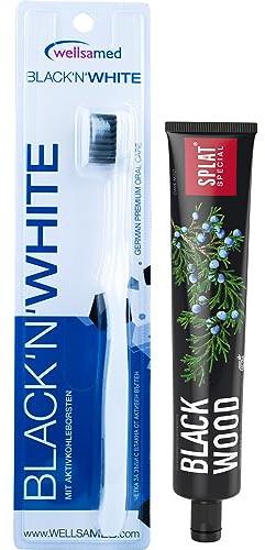 Wellsamed Sparset mit 1 Stück Black'n White Aktivkohlezahnbürste und 1 Stück SPLAT Blackwood Whitening Zahnpasta, für ein strahlendes Lächeln